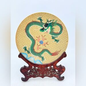 Vintage Japanese Cloisonné Dragon Plate | Enamel Copper | Wood Stand